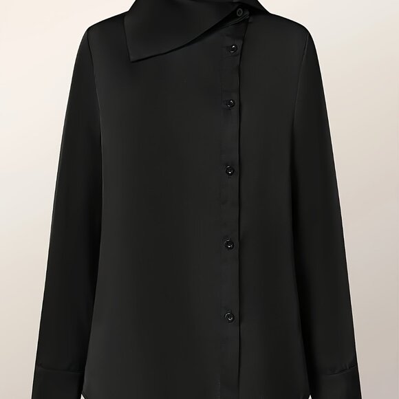 Passion Elegant Solid Button Front Asymmetrical Neck Blouse - Picture 3 of 4